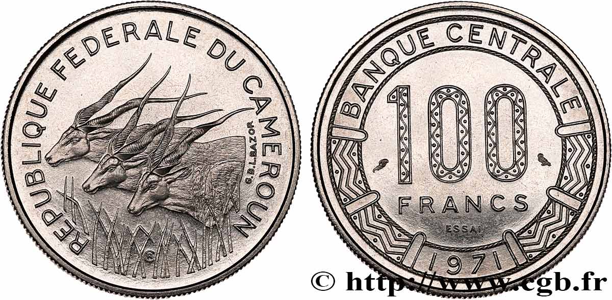 CAMEROON Essai de 100 Francs République Fédérale du Cameroun, antilopes 1971 Paris MS 