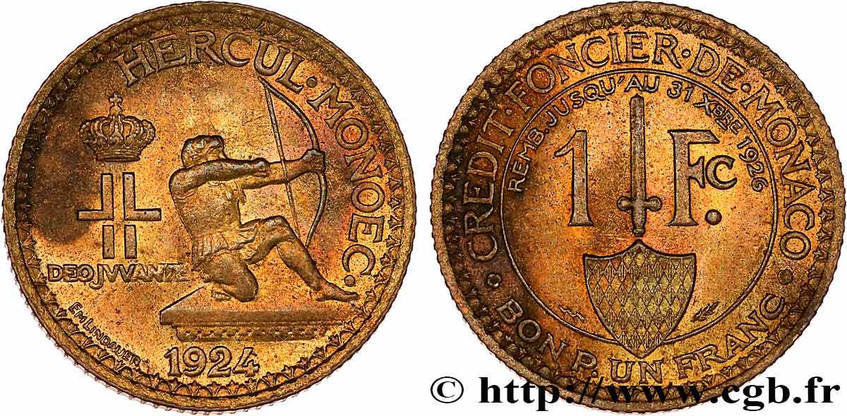 MONACO 1 Franc émission du Crédit Foncier de Monaco 1924 Poissy AU 