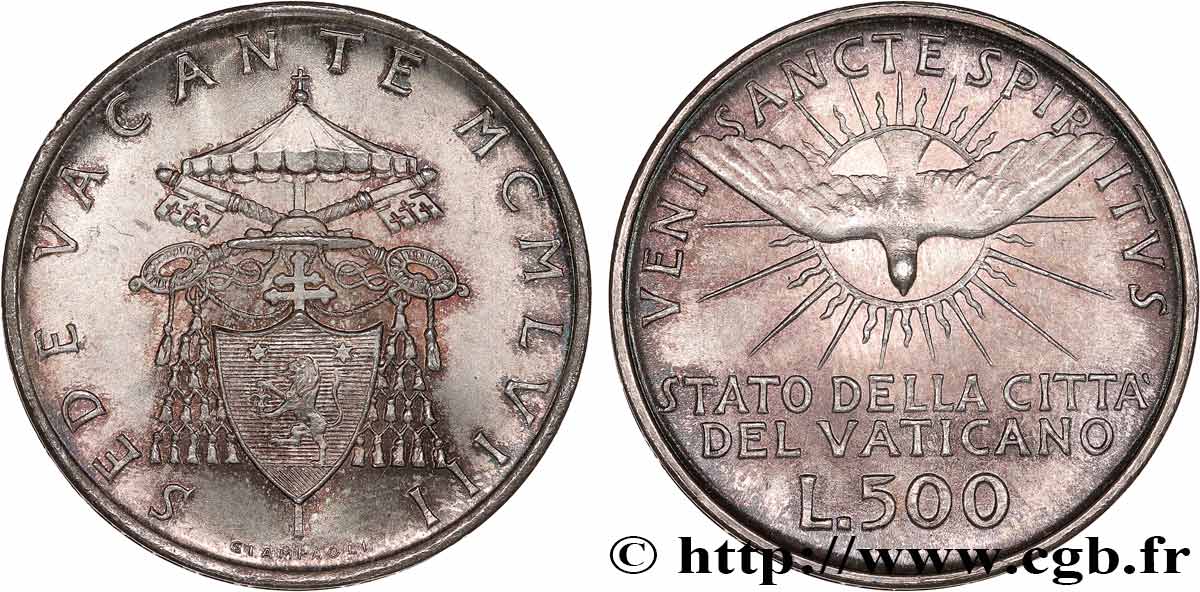 VATICAN ET ÉTATS PONTIFICAUX 500 Lire Sede Vacante Colombe et armes du cardinal Benedetto Aloisi Masella 1958 Rome SPL 