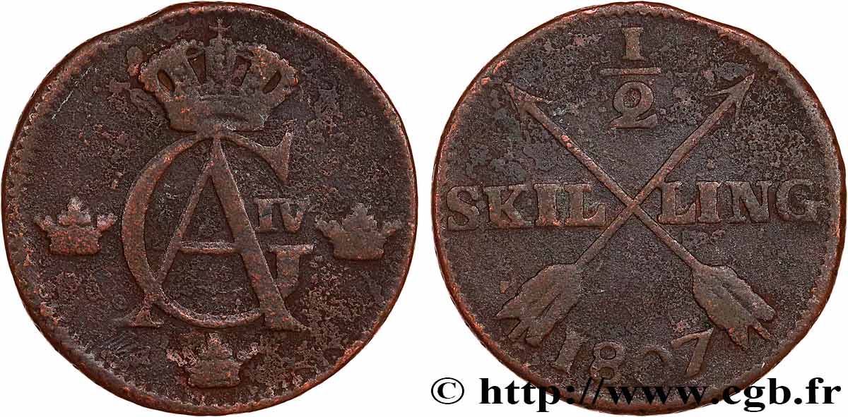SUÈDE 1/2 Skilling Gustave IV Adolphe 1807  TB 