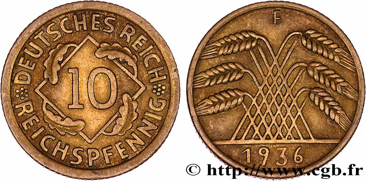 GERMANY 10 Reichspfennig gerbe de blé 1936 Stuttgart XF 