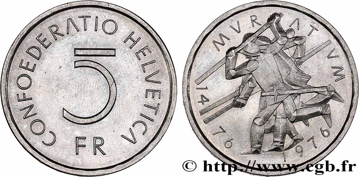 SWITZERLAND 5 Francs 500e anniversaire de la bataille de Murten 1976 Berne - B AU 