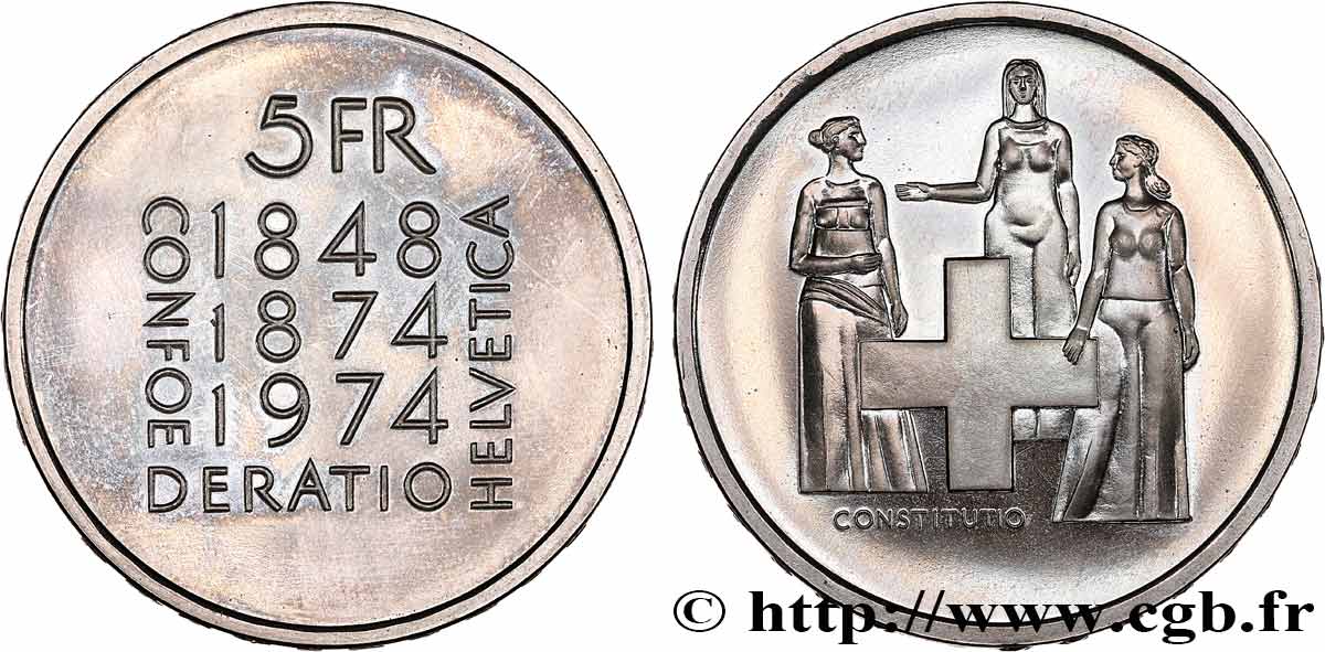 SUISSE 5 Francs Proof centenaire de la révision de la constitution 1974 Berne - B SPL 