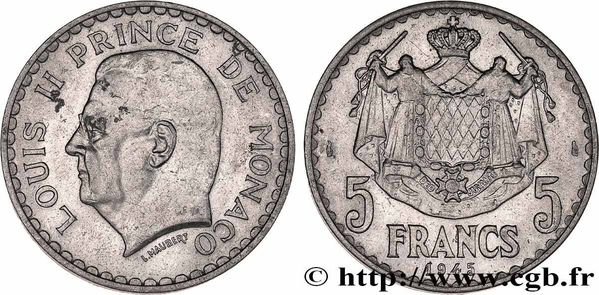 MONACO 5 Francs Louis II 1945 Paris AU 