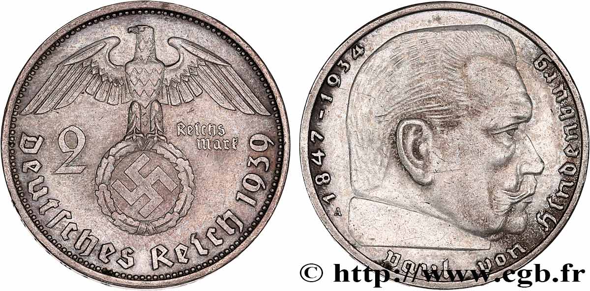 DEUTSCHLAND 2 Reichsmark Maréchal Paul von Hindenburg 1939 Berlin fVZ 