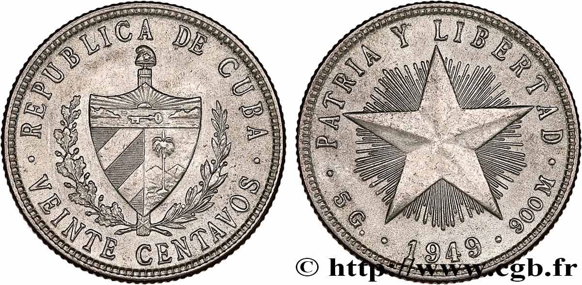 CUBA 20 Centavos 1949  AU 