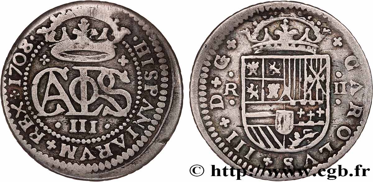 ESPAGNE - ROYAUME D ESPAGNE - CHARLES III 2 Reales  1708 Barcelone TTB 