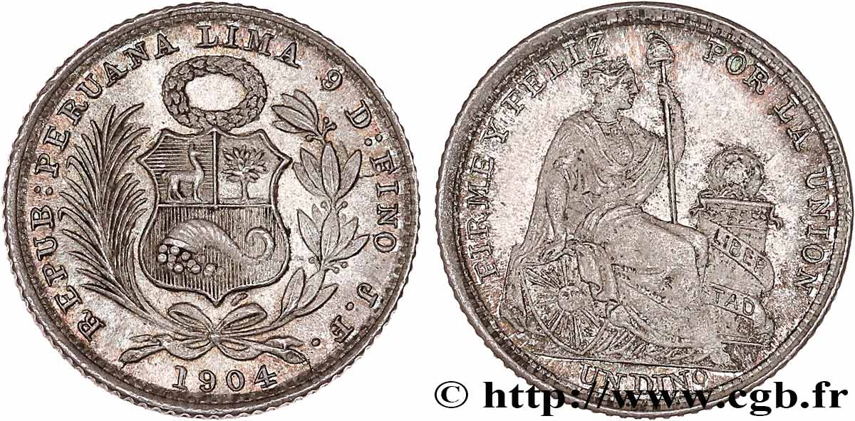 PERU 1 Dinero  1904 Lima AU 