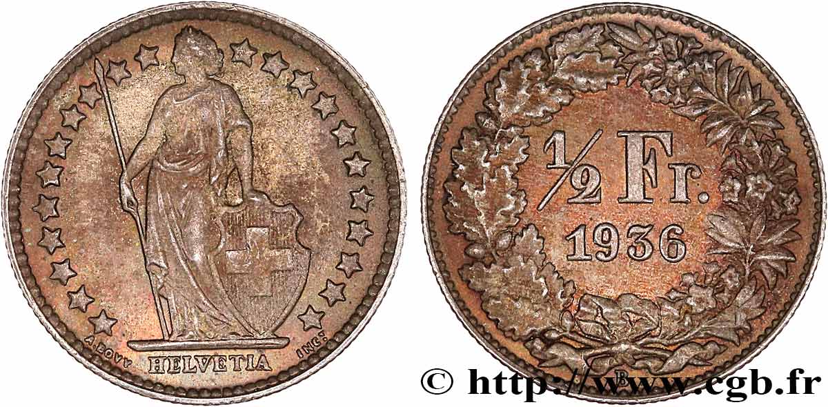 SWITZERLAND 1/2 Franc Helvetia 1936 Berne - B AU 