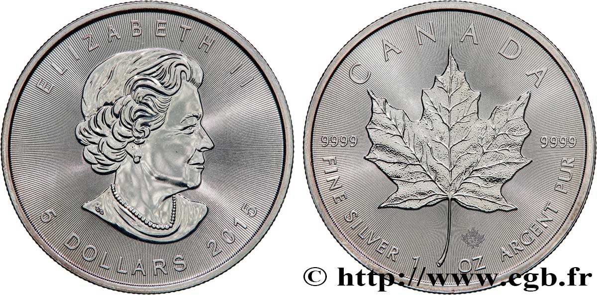 SILVER INVESTMENT 5 Dollars (1 once) - Mapple Leaf (Feuille d’érable) 2015 MRC Winnipeg SC 