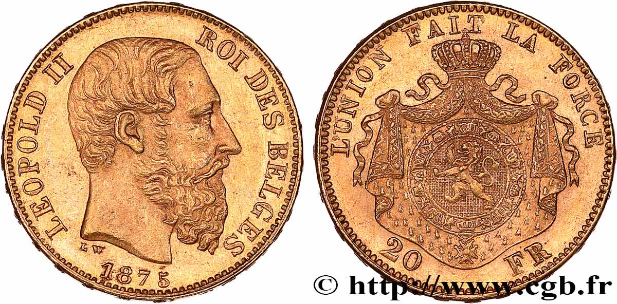 BELGIEN 20 Francs Léopold II 1875 Bruxelles fVZ 