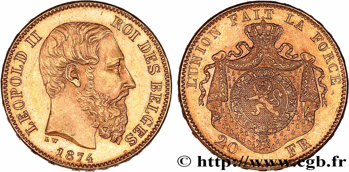 BELGIQUE 20 Francs Léopold II 1874 Bruxelles SUP 