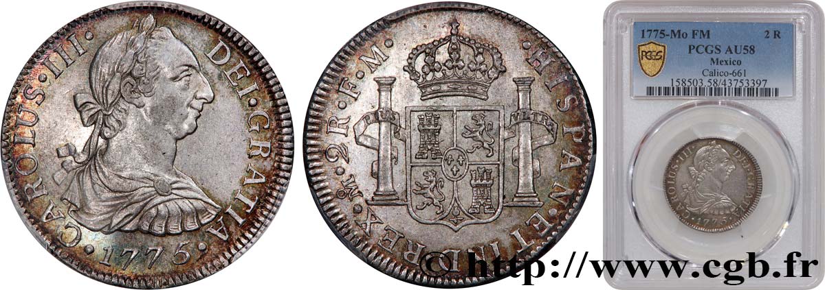 AMÉRIQUE ESPAGNOLE - MEXIQUE - CHARLES III 2 Reales  1775 Mexico SUP58 PCGS
