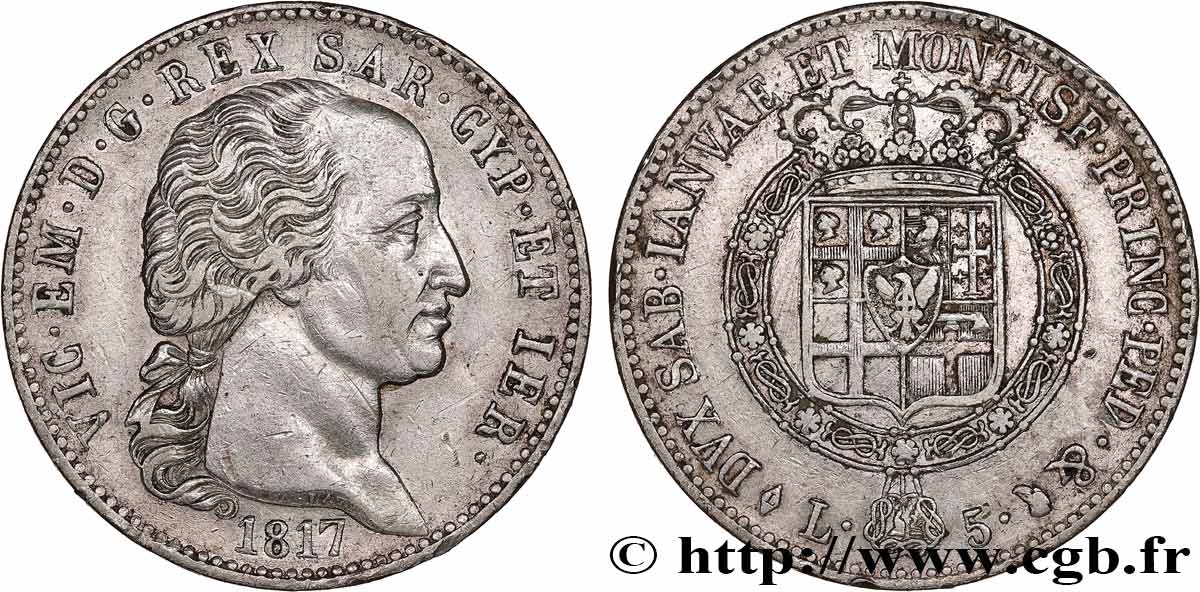 ITALY - KINGDOM OF SARDINIA - VICTOR-EMMANUEL I 5 Lire 1817 Turin AU 