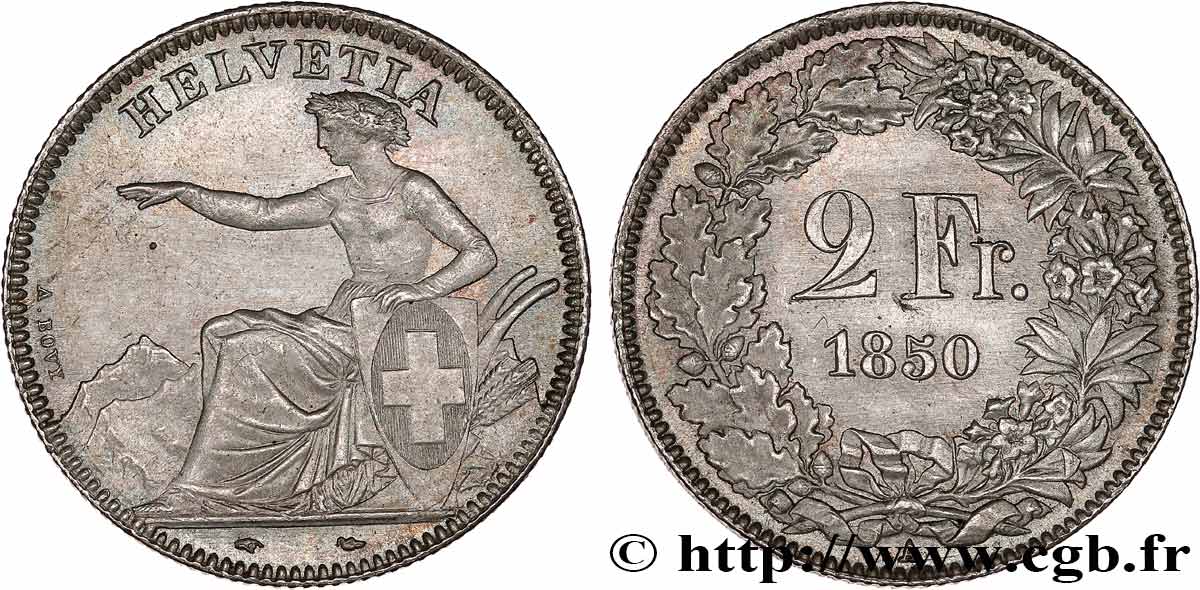 SWITZERLAND 2 Francs Helvetia 1850 Paris AU 