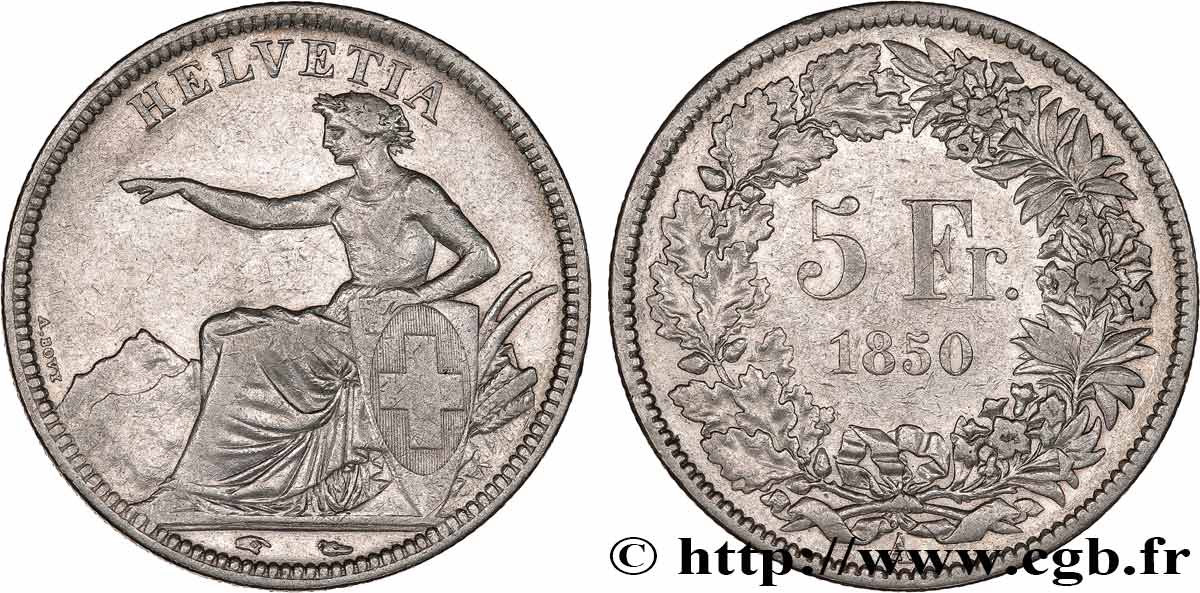 SWITZERLAND - CONFEDERATION 5 Francs 1850 Paris XF 