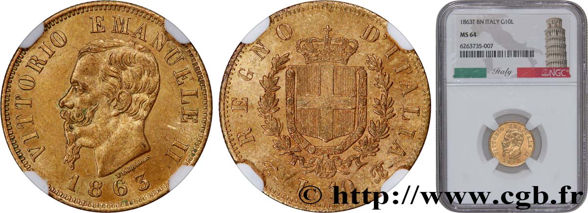 ITALY - KINGDOM OF ITALY - VICTOR-EMMANUEL II 10 Lire 1863 Turin MS64 NGC
