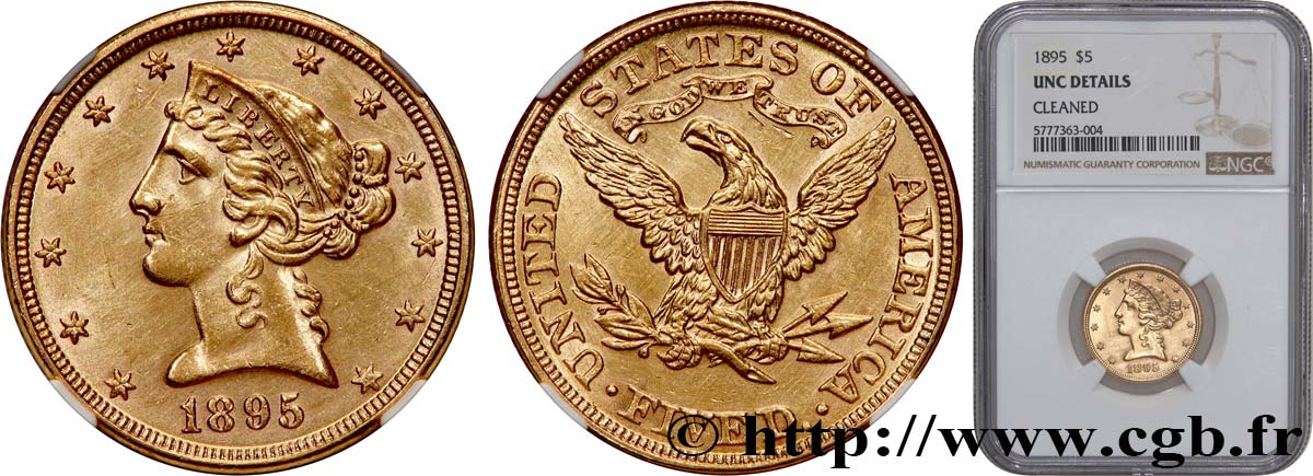 VEREINIGTE STAATEN VON AMERIKA 5 Dollars  Liberty  1895 Philadelphie fST NGC