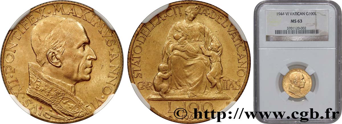 VATICAN - PIE XII (Eugenio Pacelli) 100 Lire 1944 Rome SPL63 NGC