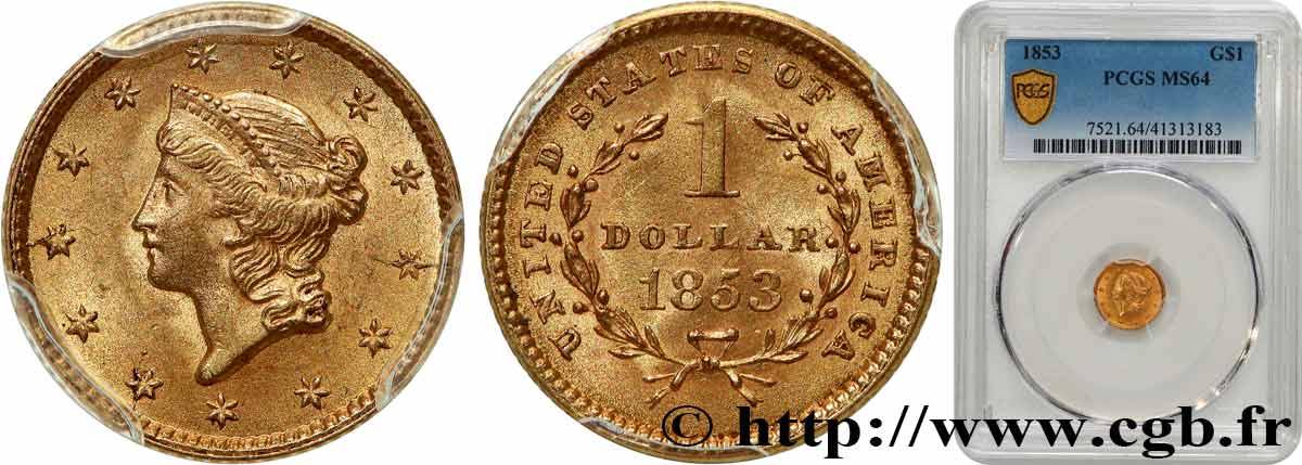 ÉTATS-UNIS D AMÉRIQUE 1 Dollar  Liberty head  1er type 1853 Philadelphie SPL64 PCGS