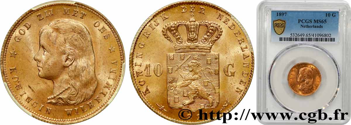NETHERLANDS 10 Gulden Wilhelmina 1897 Utrecht MS65 PCGS