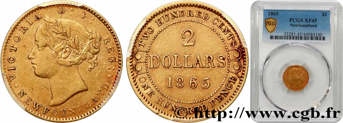 NEWFOUNDLAND (NEW FOUNDLAND) - VICTORIA 2 Dollars 1865  XF45 PCGS