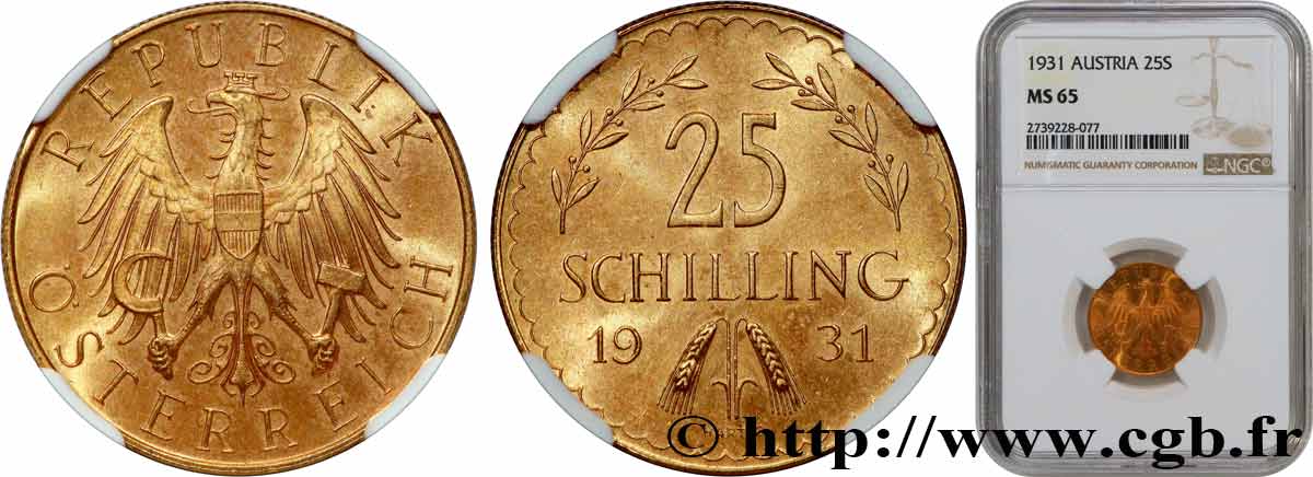 AUTRICHE 25 Schilling Proof aigle héraldique 1931 Vienne FDC65 NGC