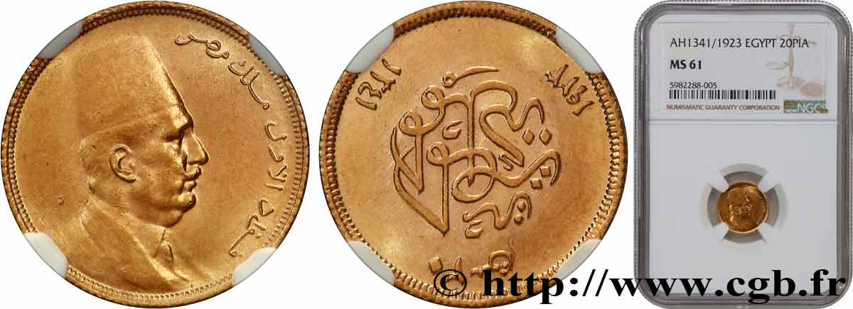 EGITTO 20 Piastres Fouad AH 1341 1923 British Royal Mint SPL61 NGC
