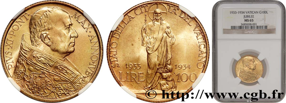 VATICAN - PIUS XI (Achille Ratti) 100 Lire 1933-1934 Rome MS65 NGC