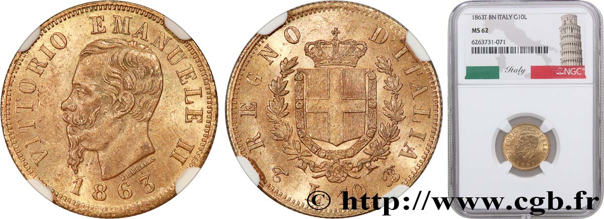 ITALIA - REGNO D ITALIA - VITTORIO EMANUELE II 10 Lire 1863 Turin SPL62 NGC