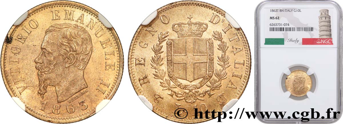 ITALIE - ROYAUME D ITALIE - VICTOR-EMMANUEL II 10 Lire 1863 Turin SUP62 NGC