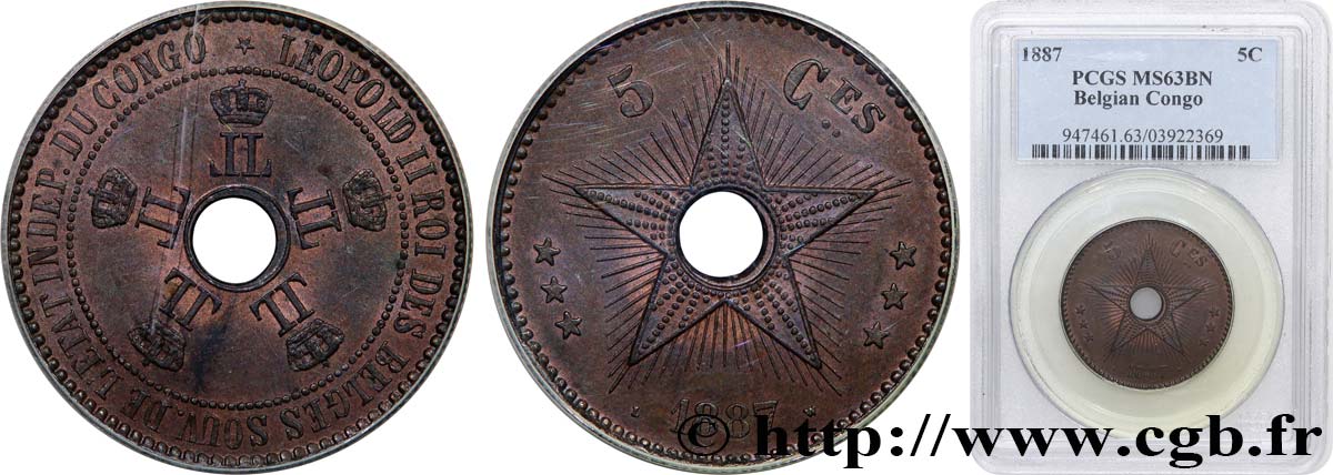 CONGO FREE STATE 5 Centimes Léopold II 1887  MS63 PCGS