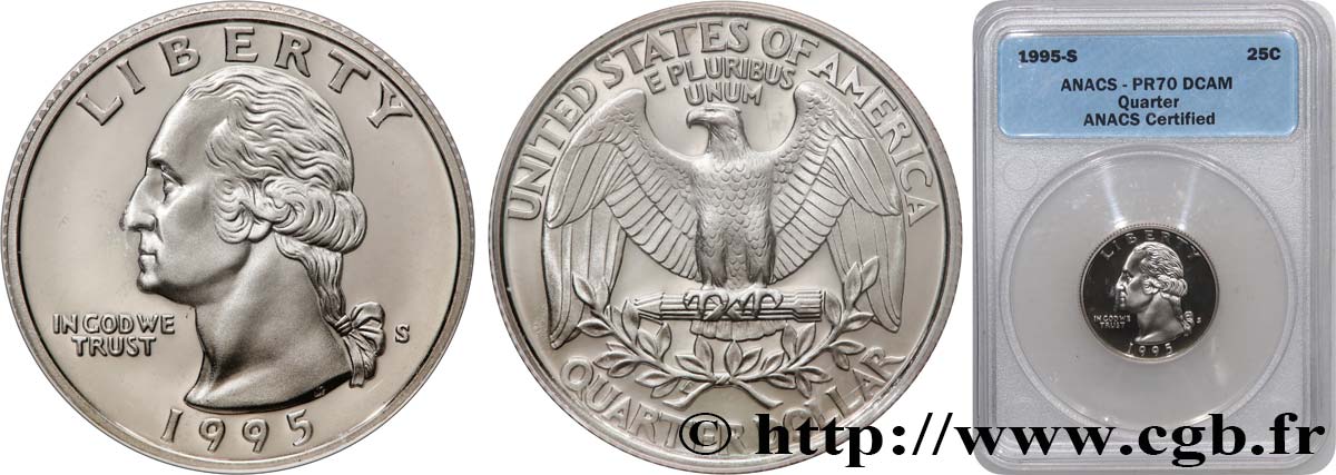 UNITED STATES OF AMERICA 1/4 Dollar Proof Washington 1995 San Francisco - S MS70 ANACS