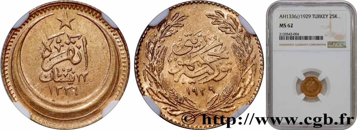 TURCHIA 25 Kurush AH 1336 1929 Constantinople SPL62 NGC
