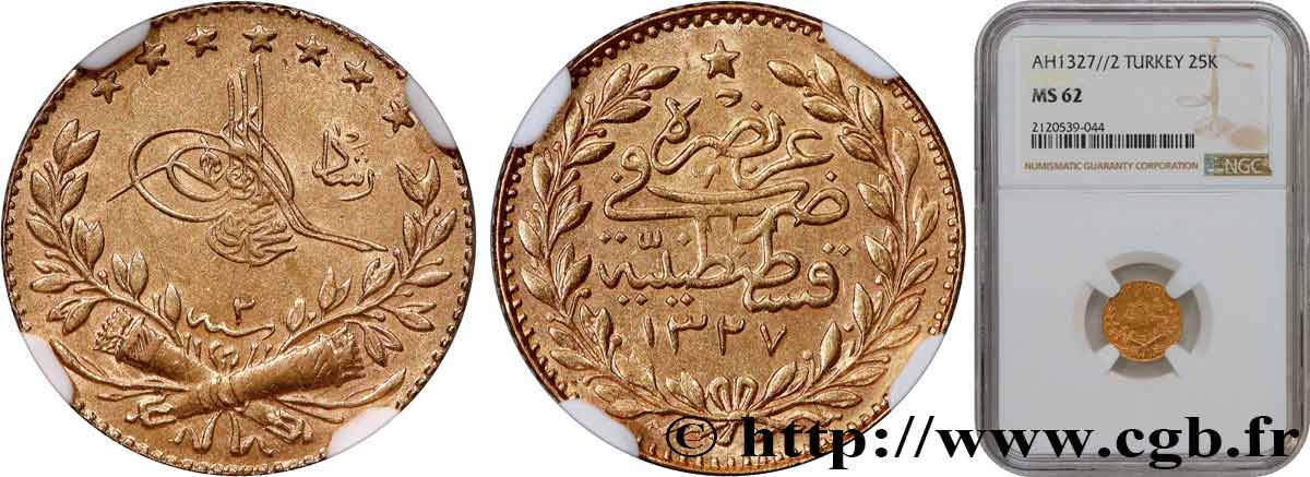 TURKEY 25 Kurush en or Sultan Mohammed V Resat AH 1327, An 2 1910 Constantinople MS62 NGC
