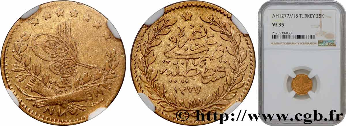 TURQUIE 25 Kurush Sultan Abdul Aziz AH 1277 an 15 (1874) Constantinople TB35 NGC