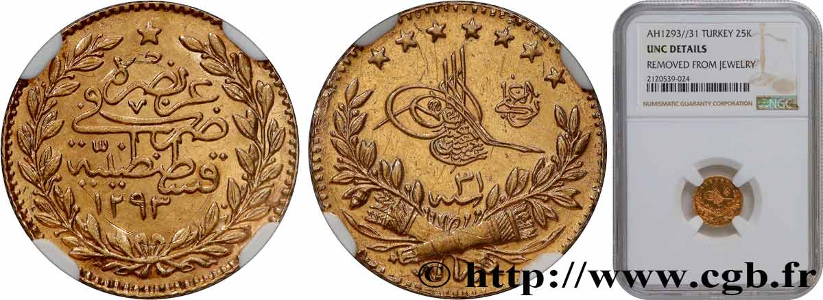 TURQUíA 25 Kurush en or Sultan Abdülhamid II AH 1293 an 31 (1905) Constantinople SC NGC