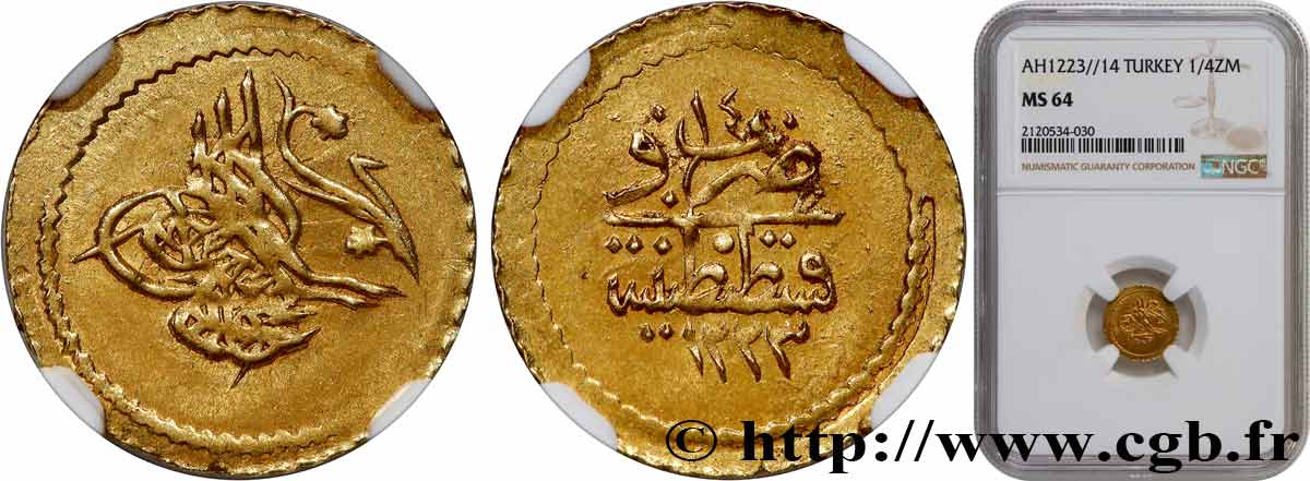 TURKEY 1/4 Zeri Mhabub Mahmud II AH 1223 an 14 (1820) Constantinople MS64 NGC