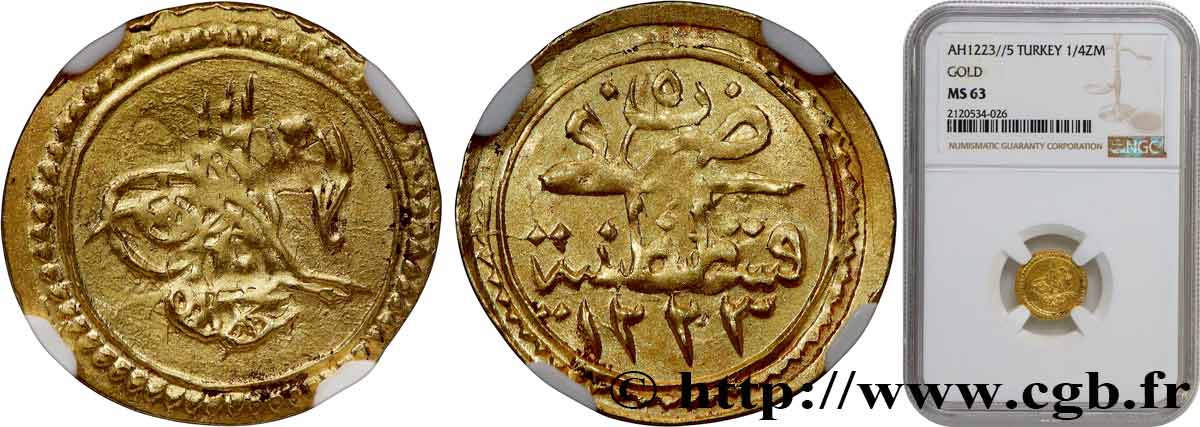 TURKEY 1/4 Zeri Mhabub Mahmud II AH 1223 an 5 (1813) Constantinople MS63 NGC
