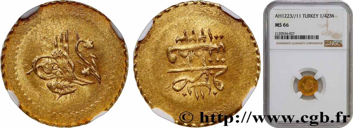 TURKEY 1/4 Zeri Mhabub Mahmud II AH 1223 an 11 (1817) Constantinople MS66 NGC