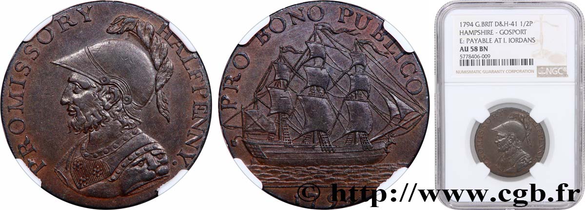 BRITISH TOKENS OR JETTONS 1/2 Penny Gosport (Hampshire) Sir Bevis 1794  AU58 NGC
