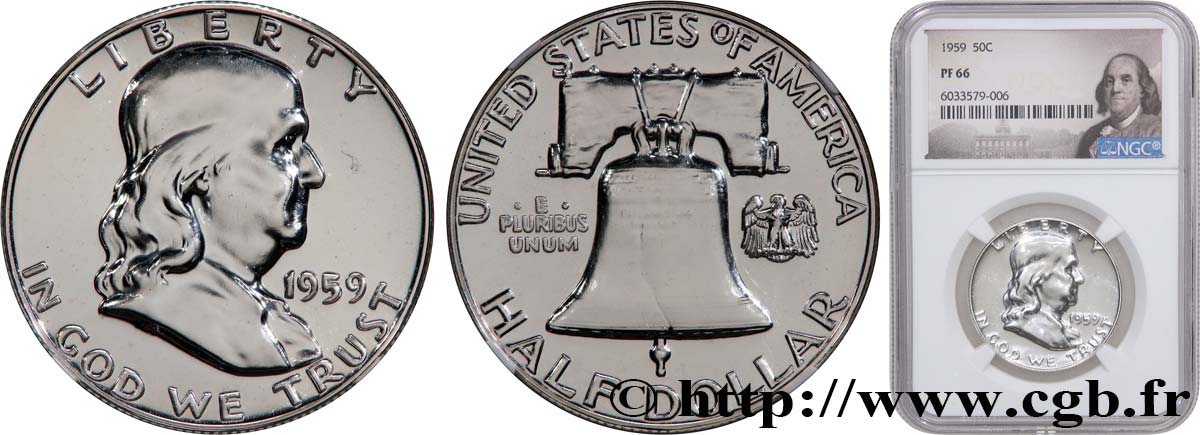 ÉTATS-UNIS D AMÉRIQUE 1/2 Dollar Benjamin Franklin Proof 1959 Philadelphie FDC66 NGC