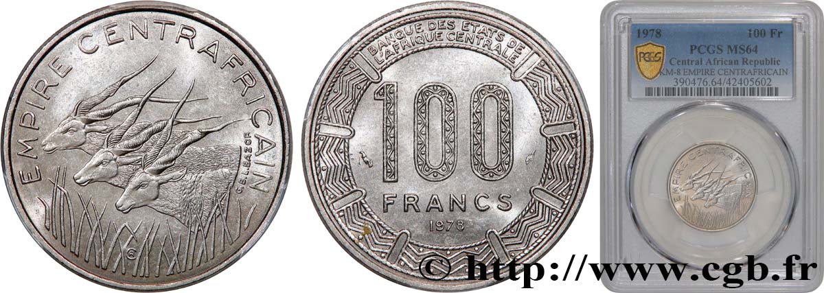 REPUBBLICA CENTRAFRICANA 100 Francs “Empire Centrafricain” antilopes 1978 Paris MS64 PCGS