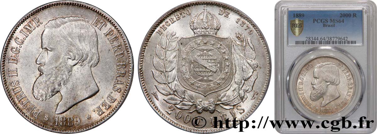 BRAZIL 2000 Reis Empereur Pierre II 1889  MS64 PCGS