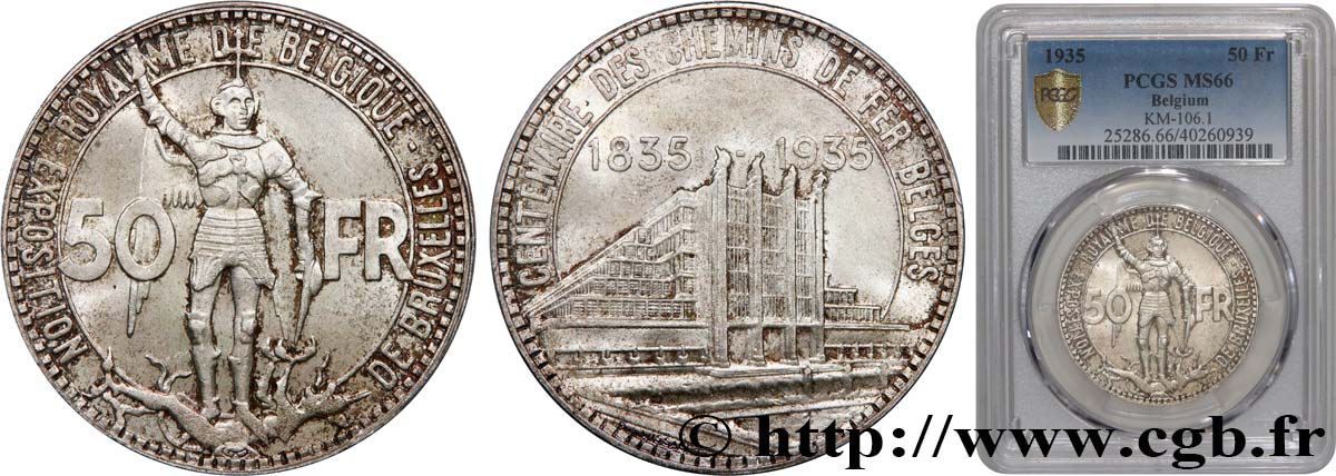 BELGIUM 50 Francs Exposition de Bruxelles et centenaire des chemins de fer belge 1935  MS66 PCGS