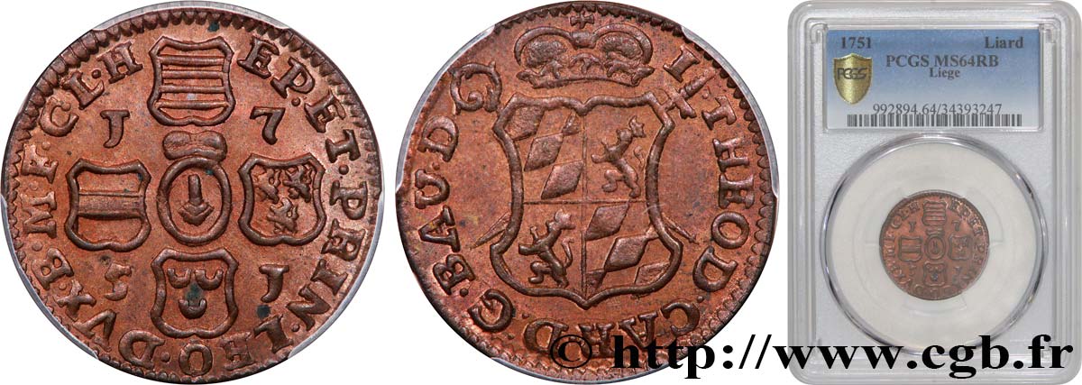 BELGIEN - PRINZBISTUMS LÜTTICH 1 Liard Évéché de Liège frappe au nom de Jean-Théodore de Bavière 1751  fST64 PCGS