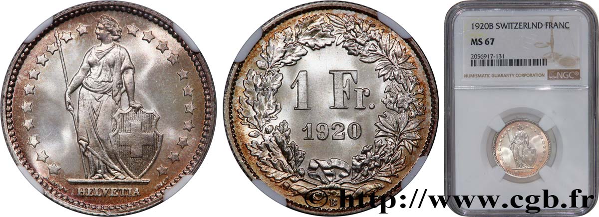 SWITZERLAND 1 Franc Helvetia 1920 Berne - B MS67 NGC