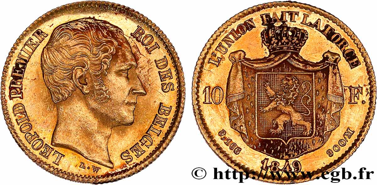 BELGIQUE - ROYAUME DE BELGIQUE - LÉOPOLD Ier 10 Francs or, tête nue 1849 Bruxelles SUP 