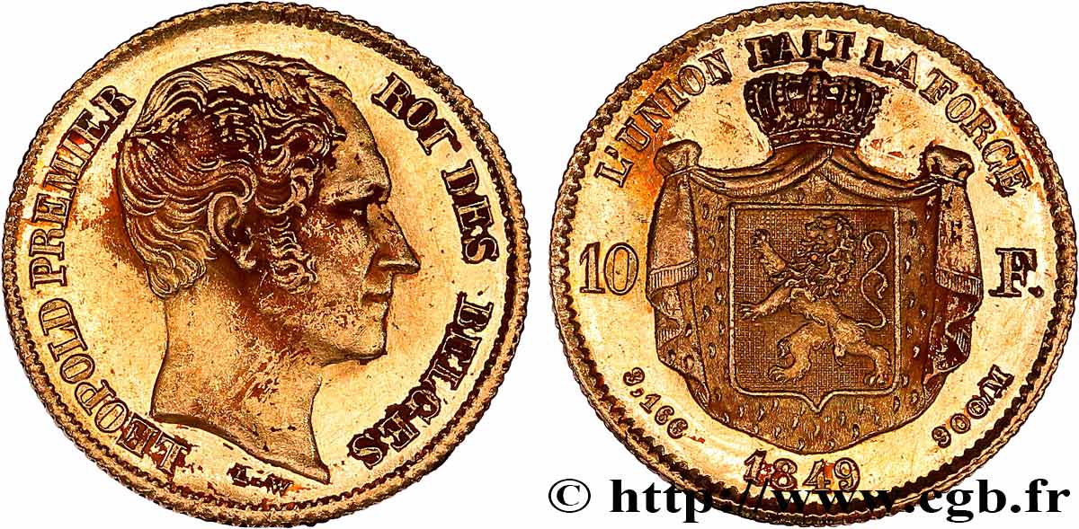 BELGIQUE - ROYAUME DE BELGIQUE - LÉOPOLD Ier 10 Francs or, tête nue 1849 Bruxelles AU 