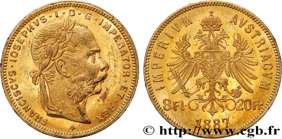 OR, PALLADIUM ET PLATINE INVESTISSEMENT 8 Florins ou 20 Francs or François-Joseph Ier 1887 Vienne TTB+ 